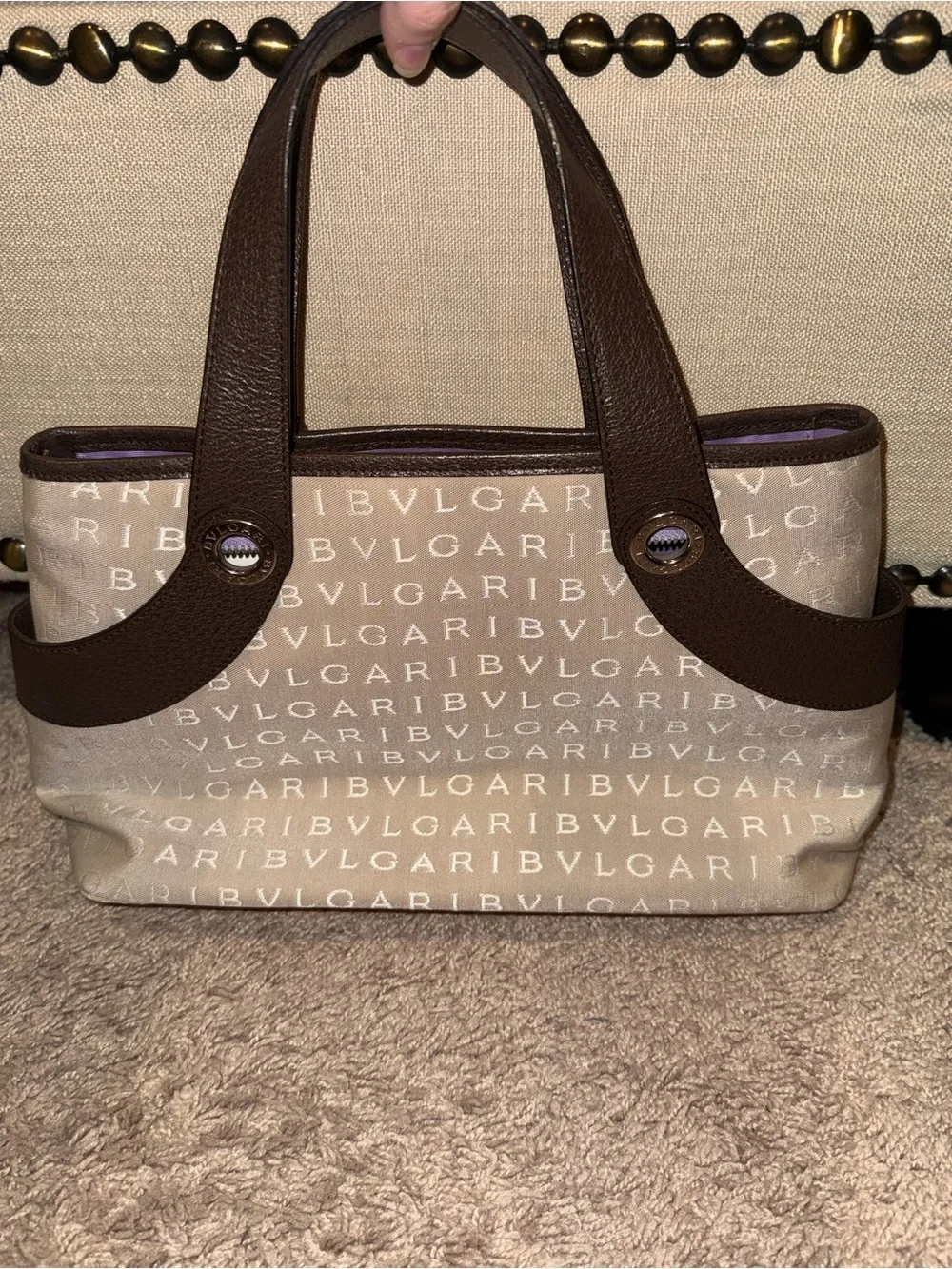 Bulgari Cream Canvas Logo Tote with Brown Leather Trim with matching wallet